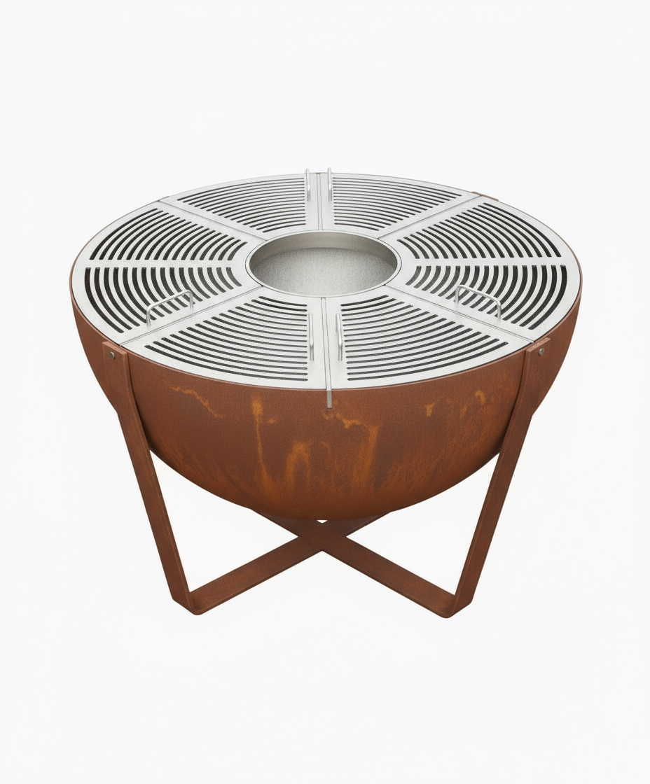 Brasero barbecue rond en acier corten avec grille de cuisson – Utilisation extérieure