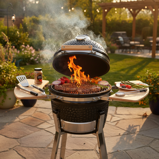 Barbecue Kamado Céramique Ø33 cm (13") | Portable 5-en-1 Grill, Fumeur, Four | Tablettes Bois