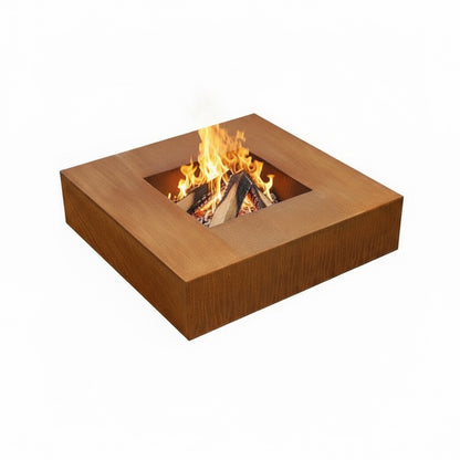Foyer Brasero Carré Extérieur en Acier Corten Rouille | Design Moderne & Cubique | Cheminée Bois Jardin
