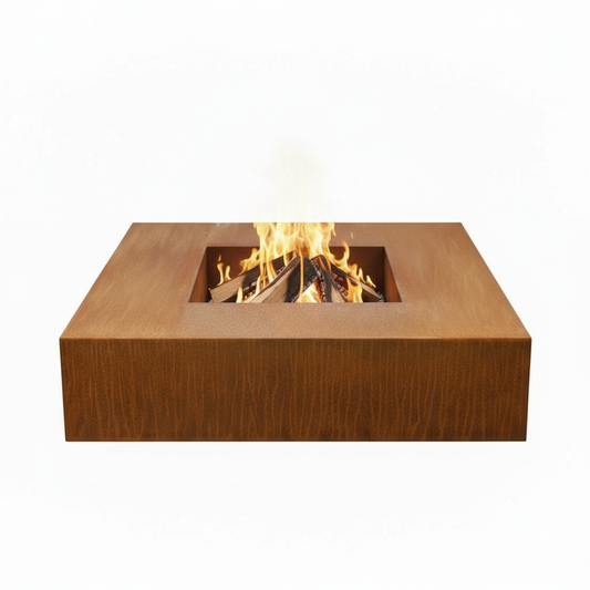 Foyer Brasero Carré Extérieur en Acier Corten Rouille | Design Moderne & Cubique | Cheminée Bois Jardin