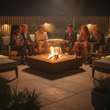 Foyer Brasero Carré Extérieur en Acier Corten Rouille | Design Moderne & Cubique | Cheminée Bois Jardin