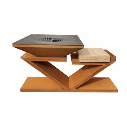 Brasero Plancha Barbecue Rectangulaire Acier Corten | Plan de Travail Bois | Foyer Extérieur Multifonction