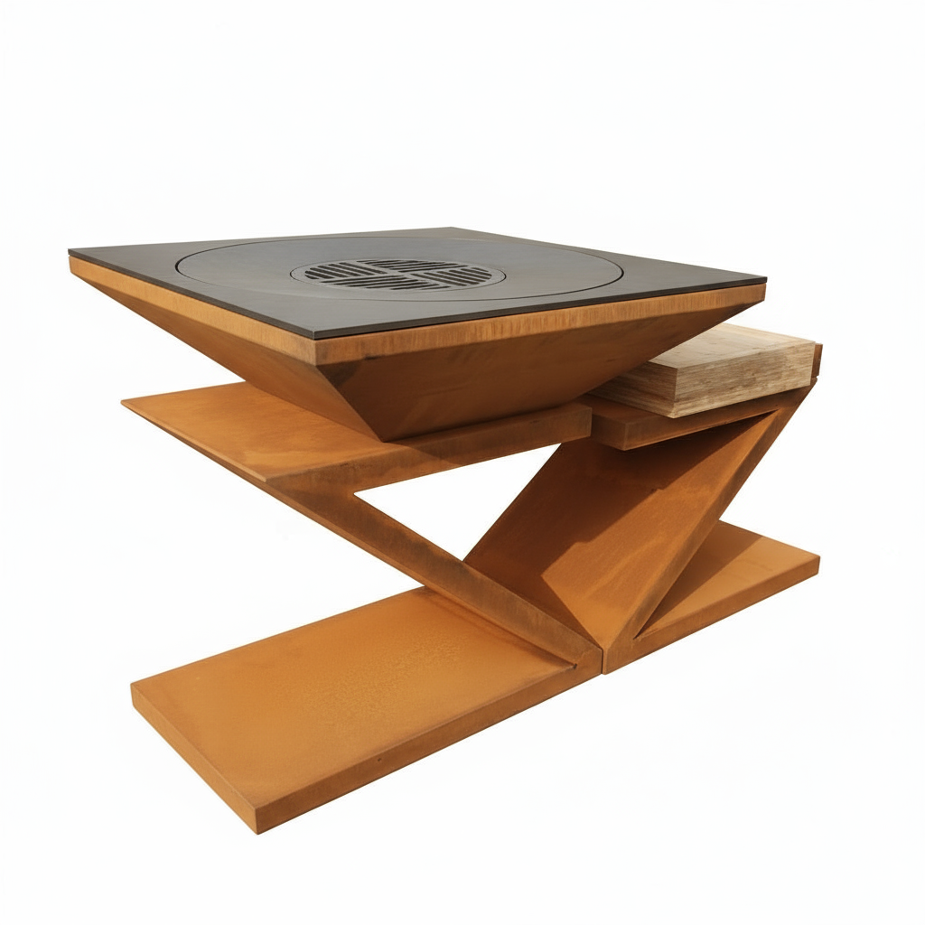 Brasero Plancha Barbecue Rectangulaire Acier Corten | Plan de Travail Bois | Foyer Extérieur Multifonction