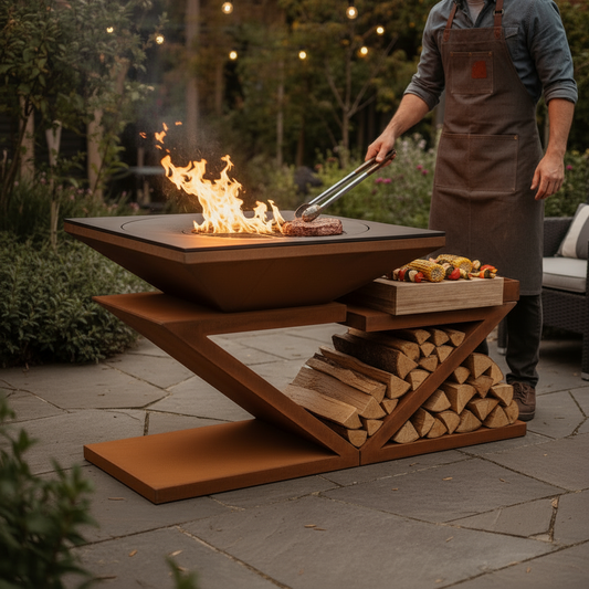 Brasero Plancha Barbecue Rectangulaire Acier Corten | Plan de Travail Bois | Foyer Extérieur Multifonction