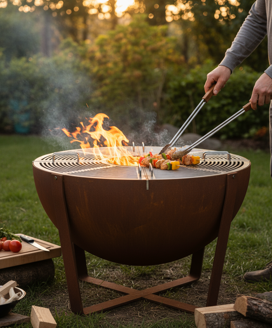 Brasero barbecue rond en acier corten avec grille de cuisson – Utilisation extérieure