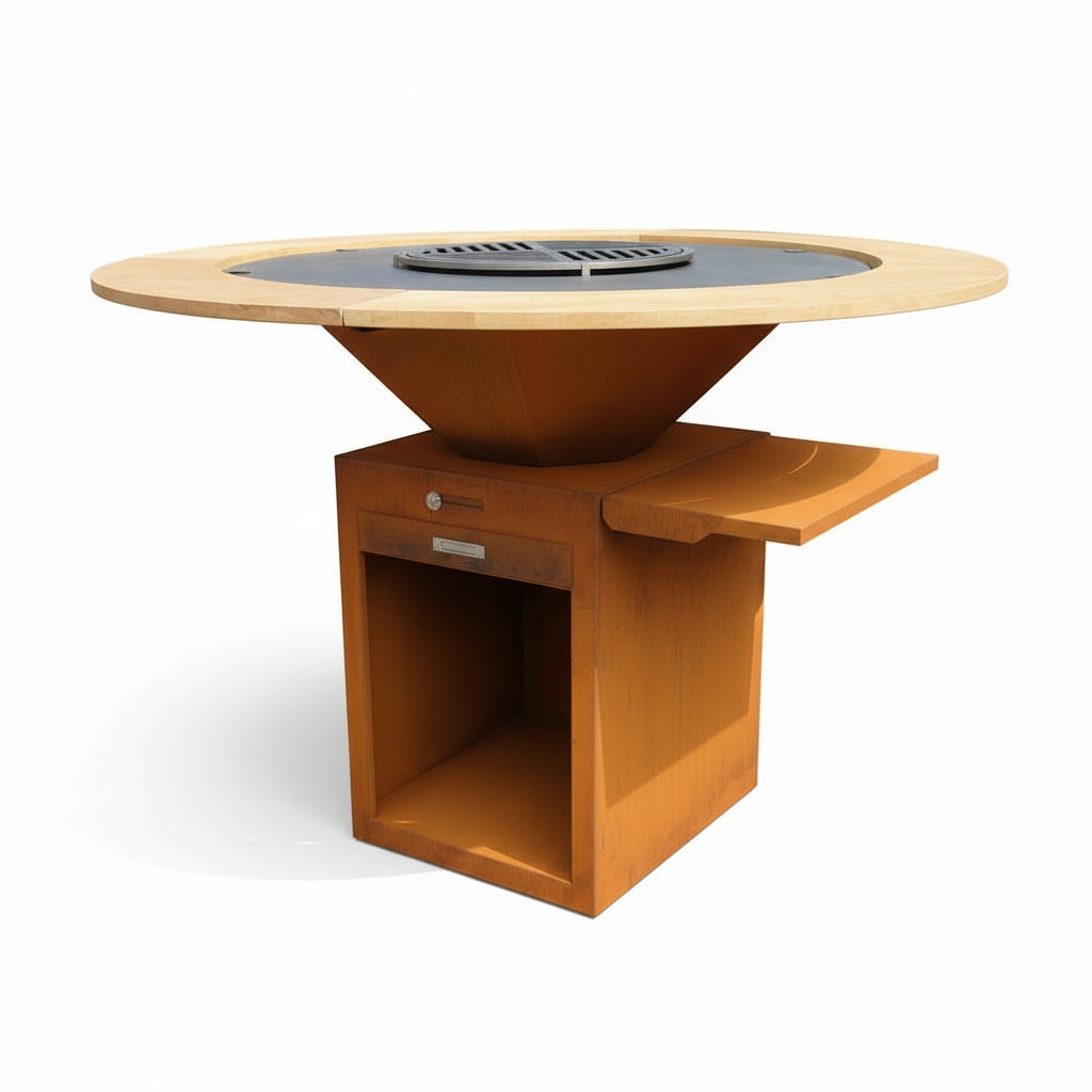 Brasero Plancha Rond Acier Corten Ø80cm | Base Rangement Bois | Plan de Travail Amovible | Foyer BBQ Extérieur