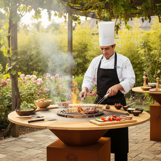 Brasero Plancha Rond Acier Corten Ø80cm | Base Rangement Bois | Plan de Travail Amovible | Foyer BBQ Extérieur