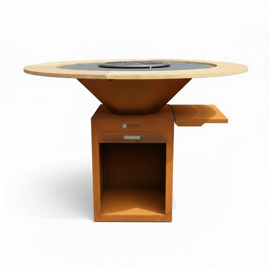 Brasero Plancha Rond Acier Corten Ø80cm | Base Rangement Bois | Plan de Travail Amovible | Foyer BBQ Extérieur