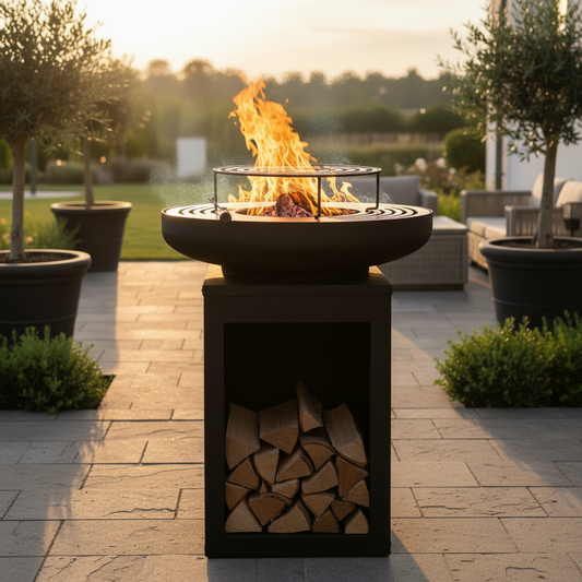 Barbecue Plancha Brasero Noir Ø60 cm sur Pied | Couvercle Articulé | Acier Carbone Foyer Bois/Charbon