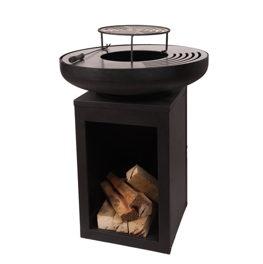 Barbecue Plancha Brasero Noir Ø60 cm sur Pied | Couvercle Articulé | Acier Carbone Foyer Bois/Charbon