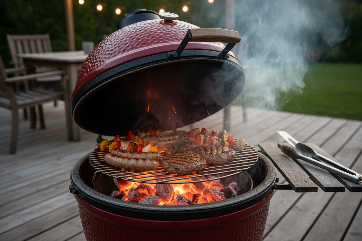 Génère moi une image d’un kamado en pleine utilisation 