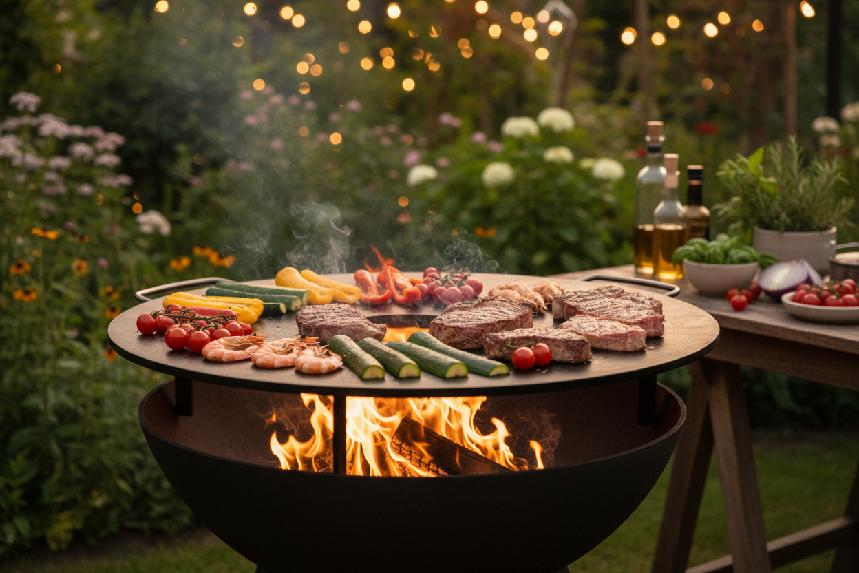 génère une image ultra réaliste de plusieurs personne qui discutent au tour d’un braséro barbecue ou il y a de la nourriture qui cuit dessus