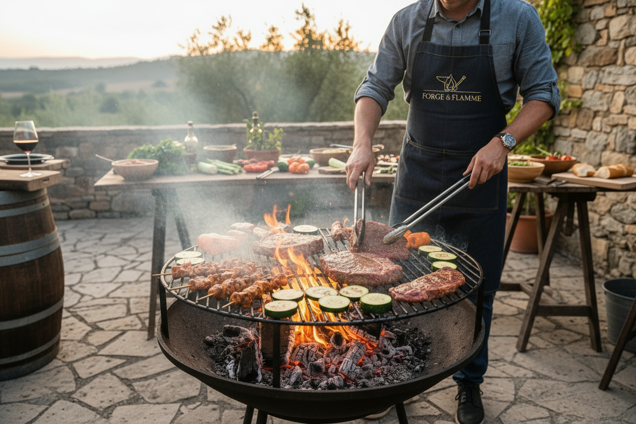 j’aurais besoin que tu me génère une photo avec une personne qui porte un tablier qui est entrain de cuisiner de la viande et des légumes sur un braséro
